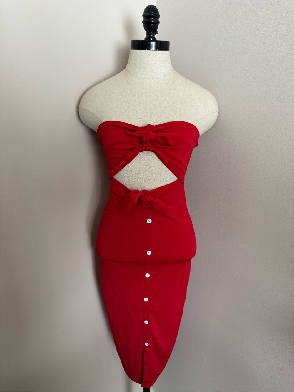 Red Strapless Tie-Front Cutout Midi Dress